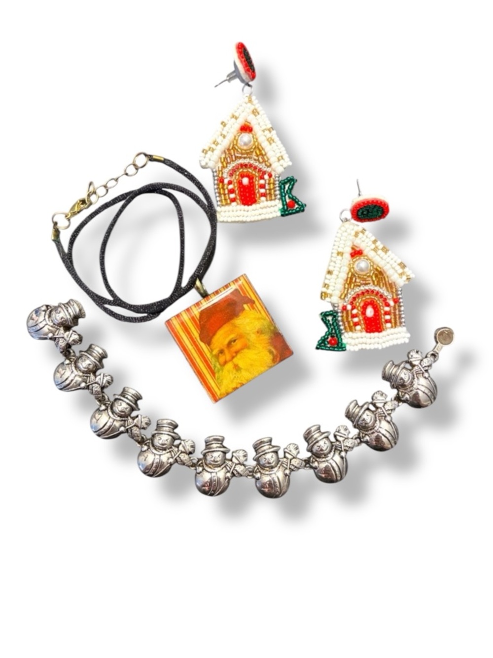 🎄 Christmas Jewelry Lot – Gingerbread Earrings, Santa Necklace, Snowman Bracelet